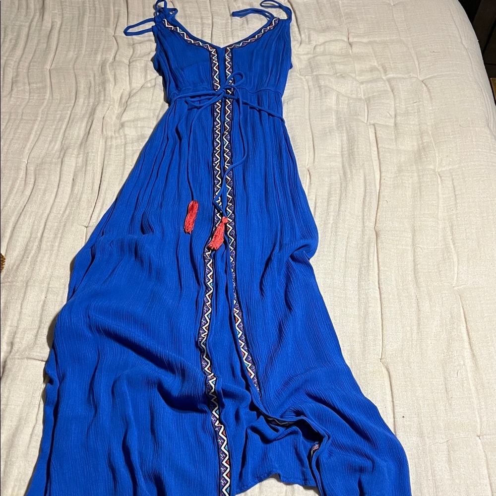 Vibrant Blue Maxi Dress with Embroidered Detail